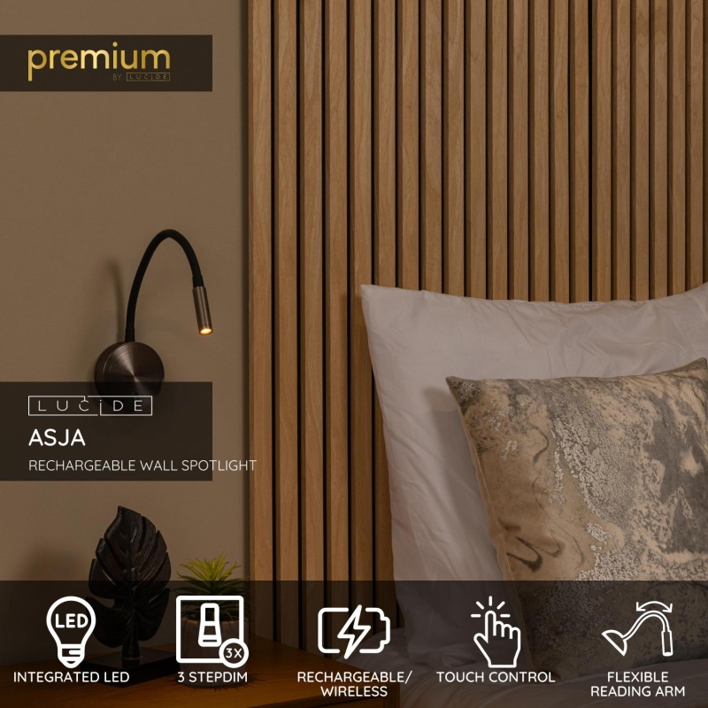 Lucide Premium ASJA - Rechargeable Wall spotlight / Wall light - Battery pack- LED 3 StepDim - 1x3W 2700K - Grey iron